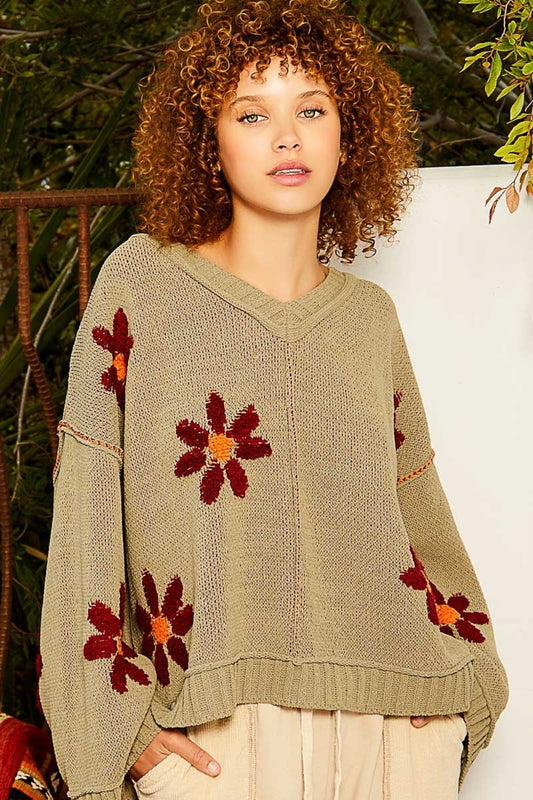 POL V-Neck Floral Pattern Chenille Sweater