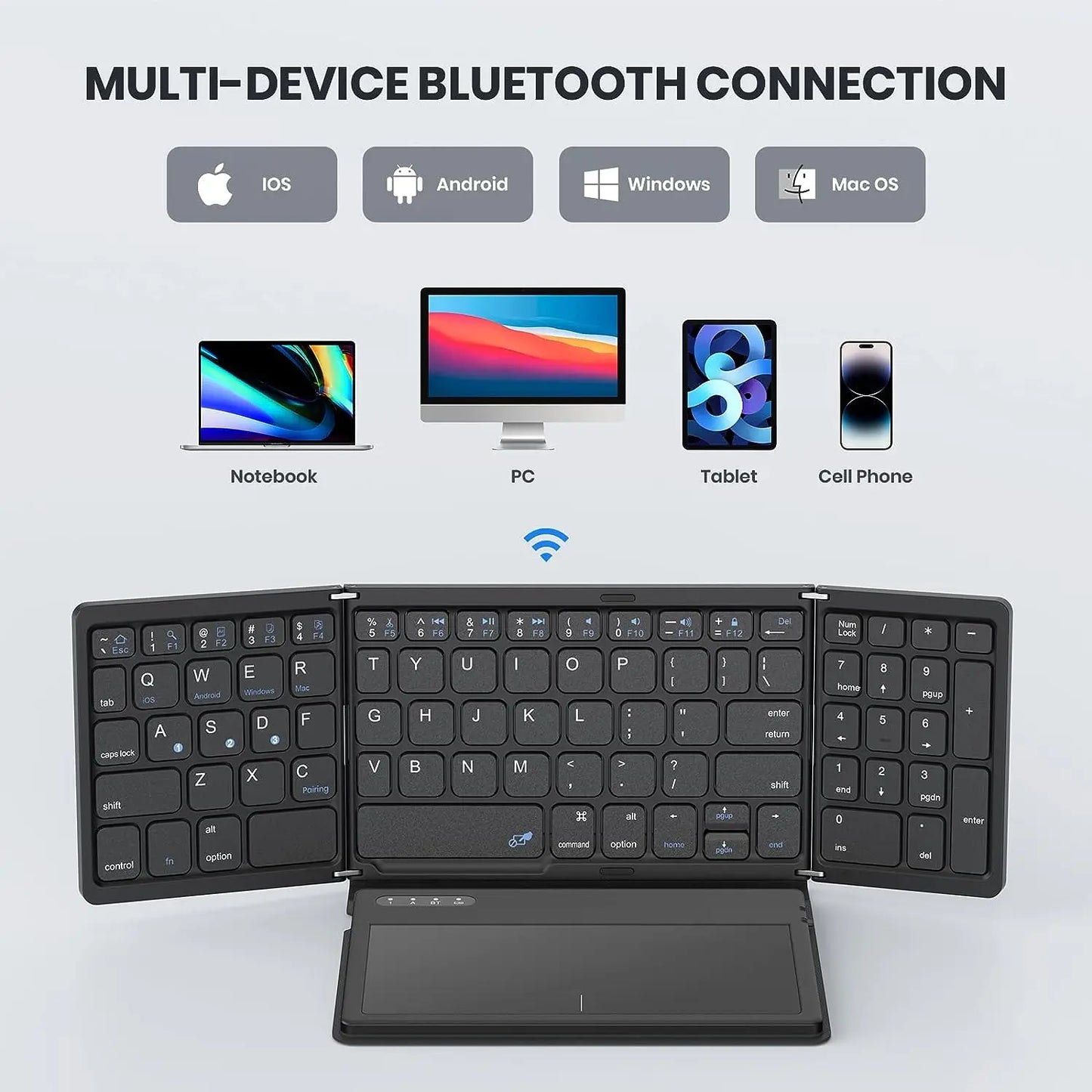 Portable Full Size Folding Keyboard with Touchpad Foldable Bluetooth Keyboard Wireless Travel Keyboard for Windows/iOS/Android