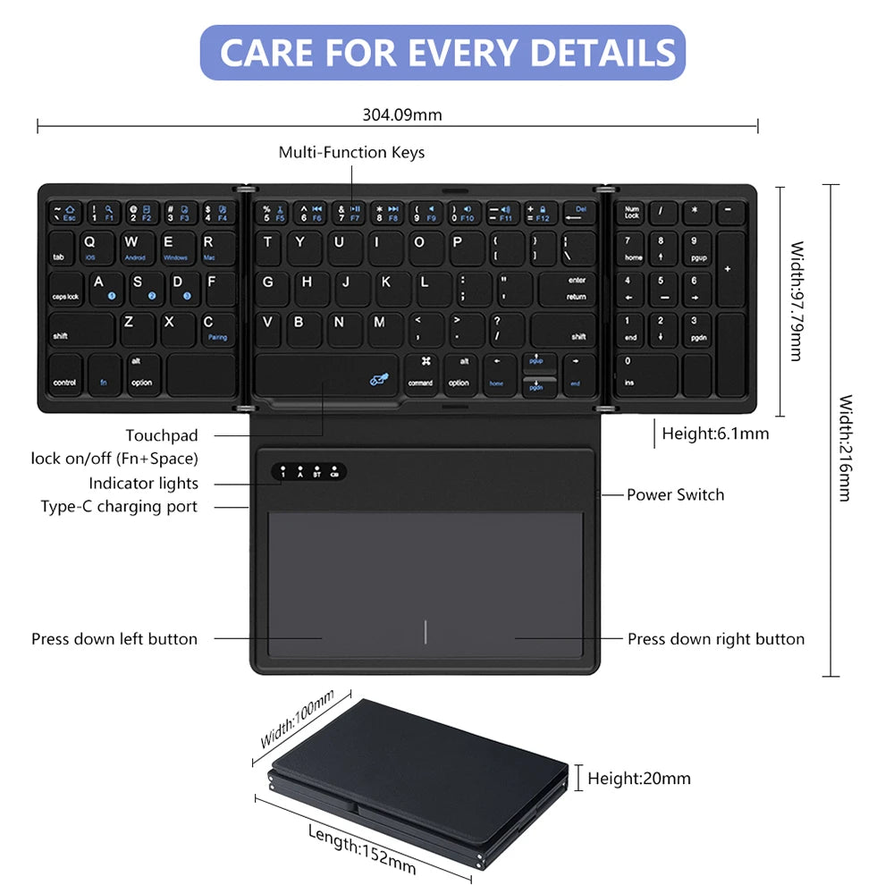 BOW Foldable Bluetooth Mobile Phone Keyboard Folding Portable Wireless Keyboard with touchpad Keyboard for Smartphone